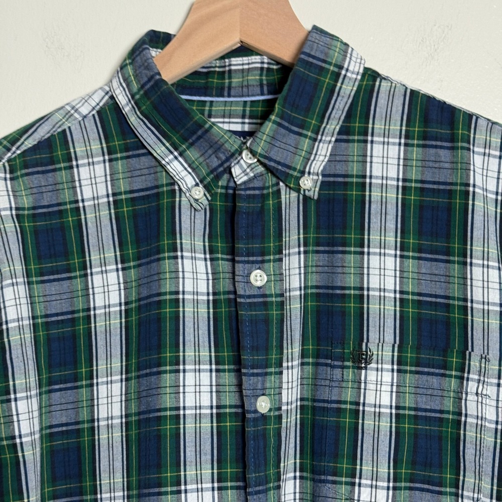 Chaps Mens Plaid Button Down Shirt L Green Navy Easy Care Long Sleeve Preppy